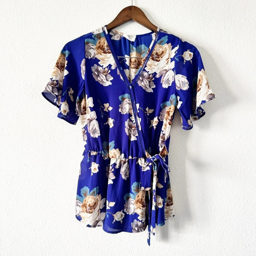 Wrap Top Blue Maximalist Floral Waist Tie Belt Sienna Sky Small Women’s Ruffle